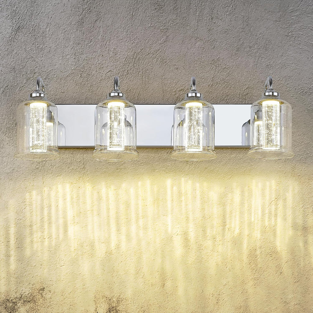 zeyu 4-Light Dimmable Vanity Lighting Fixture, 20W LED Bathroom Vanity Light, Adjustable 3CCT 3000K/4000K/5000K, Chrome Finish with Crystal Bubble and Clear Glass, ZSL72B-4W LED CH-1