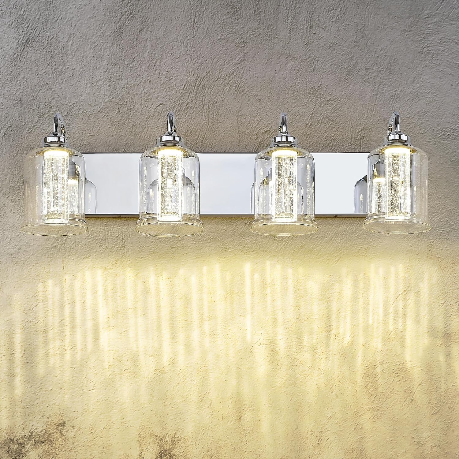 zeyu 4-Light Dimmable Vanity Lighting Fixture, 20W LED Bathroom Vanity Light, Adjustable 3CCT 3000K/4000K/5000K, Chrome Finish with Crystal Bubble and Clear Glass, ZSL72B-4W LED CH-1