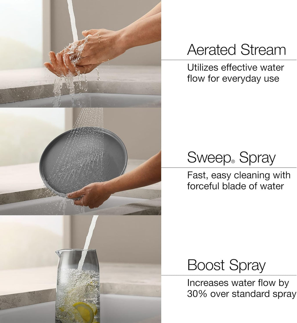 KOHLER 22033-CP Simplice Semi Professional Kitchen Sink Faucet, Pre-Rinse Kitchen & Commercial Faucet, Three Function Sprayhead, Polished Chrome