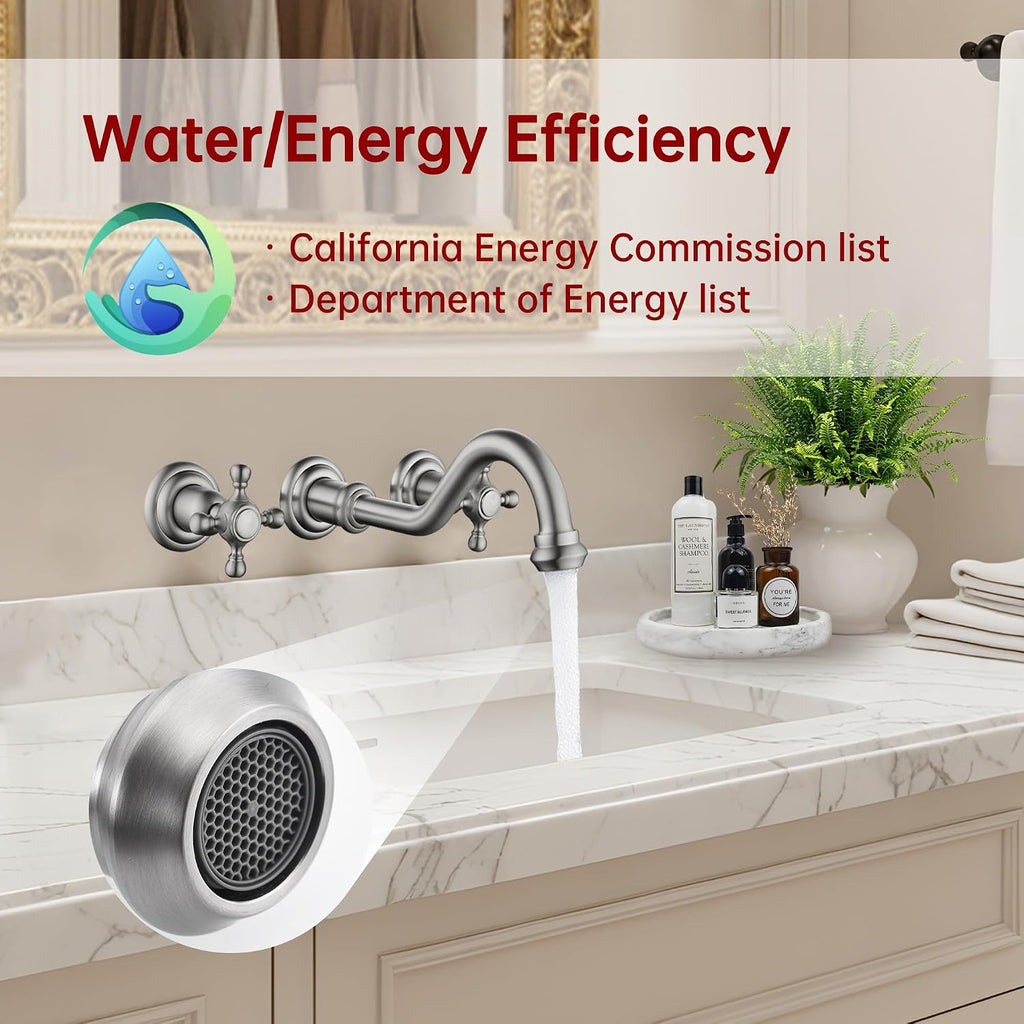 SUMERAIN Traditional Brushed Nickel Wall-Mounted Vessel Faucet, 3 Holes Cross Handles Bathroom Lavatory Sink with Included Rough-in Valve