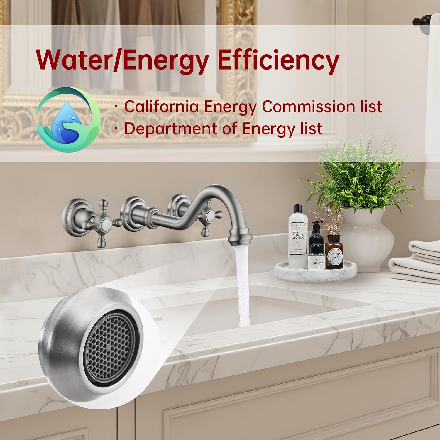 SUMERAIN Traditional Brushed Nickel Wall-Mounted Vessel Faucet, 3 Holes Cross Handles Bathroom Lavatory Sink with Included Rough-in Valve