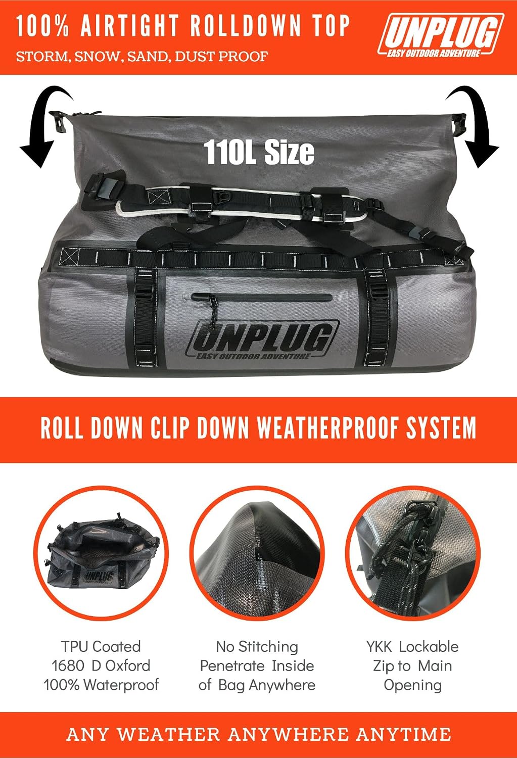 UNPLUG Ultimate Adventure | 1680D Heavy Duty Waterproof Bag | Large Travel Bag which can be Used for Camping, Motorcycling, Boating, or Hunting|110L Storm Grey