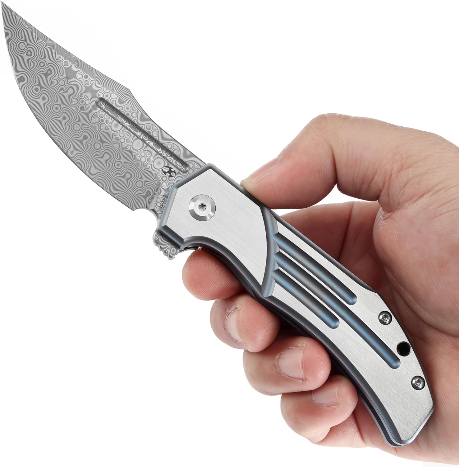 KANSEPT Orion Pocket Knife, 3.07'' Damascus Elegant Blade with Blood Groove, CNC Blue Anodized Milling Titanium Handle and Flipper, for Men Women Camping Survival Hunting Folding Knives K1089B2