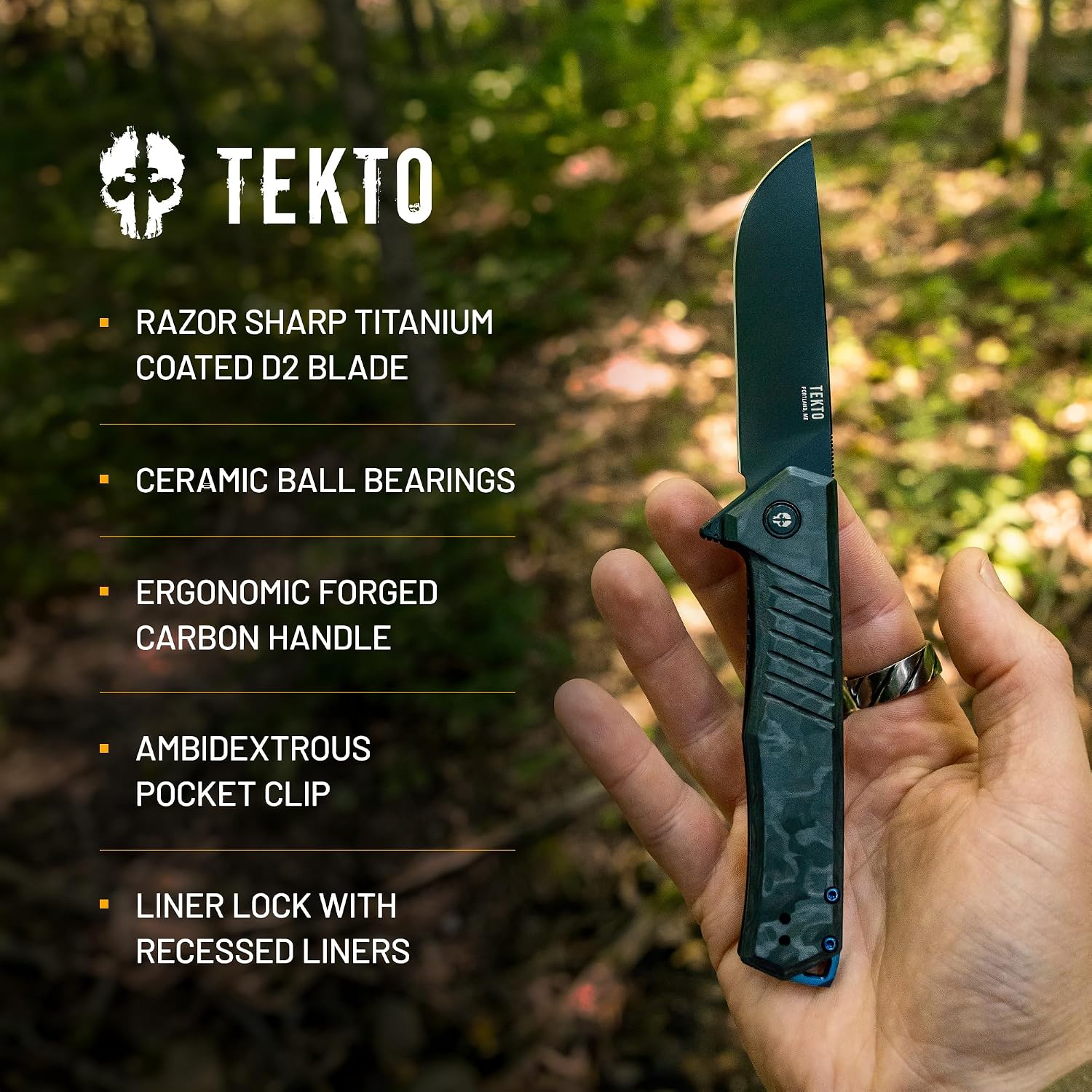 TEKTO F1 Alpha Folding Pocket Knife - Modified Straight Back Blade, Titanium Coated D2 Steel, Tactical Knife, EDC Folding Pocket Knives for Camping, Hunting & Backpacking - Forged Carbon, Blue Accents