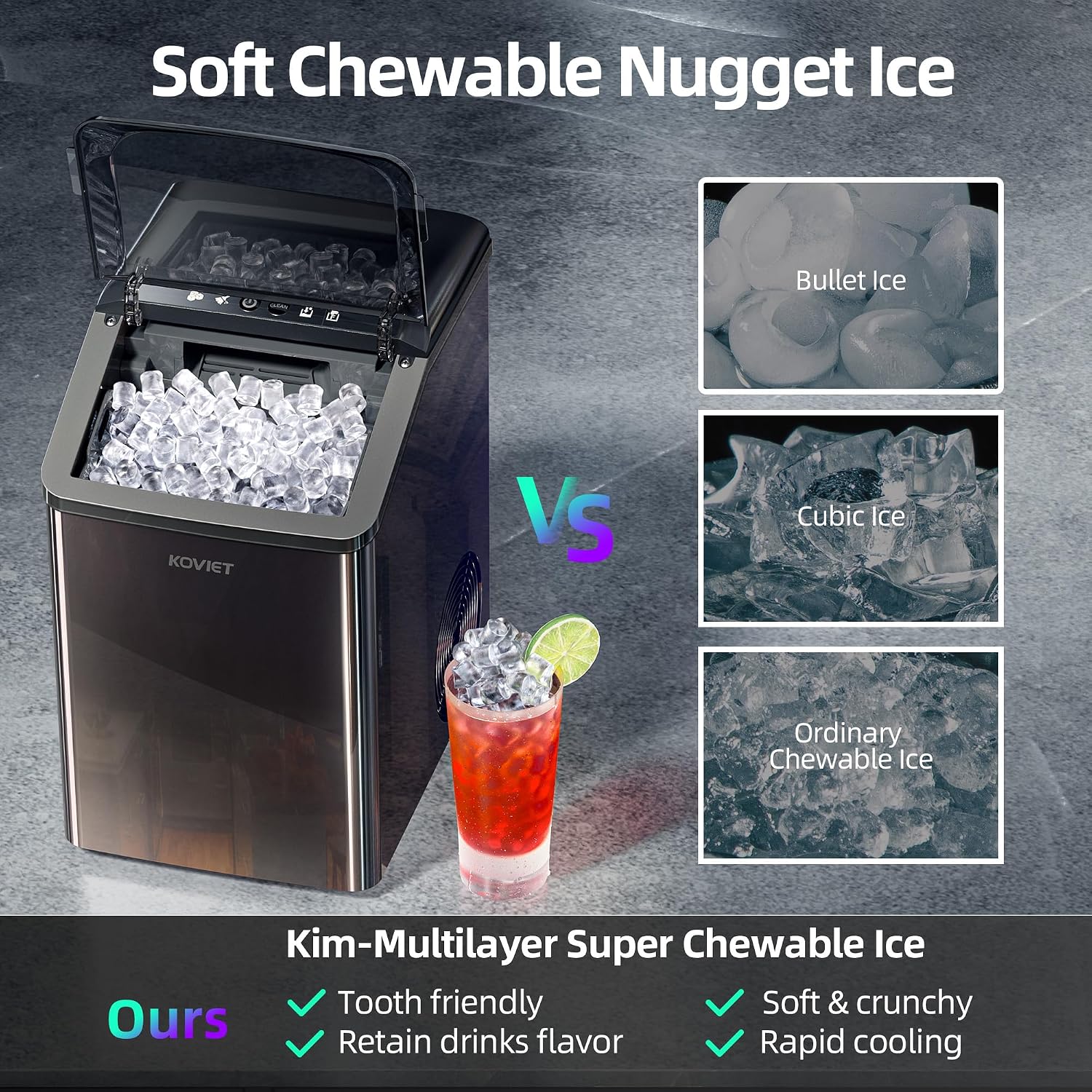 KOVIET Nugget Ice Makers Countertop, Soft Pebble Ice Machine, Chewable Crushed Pellet Ice 42lbs/Day, Self-Cleaning Drainpipe Ice Maker for Party, Home, Kitchen, Bar, Office, Black