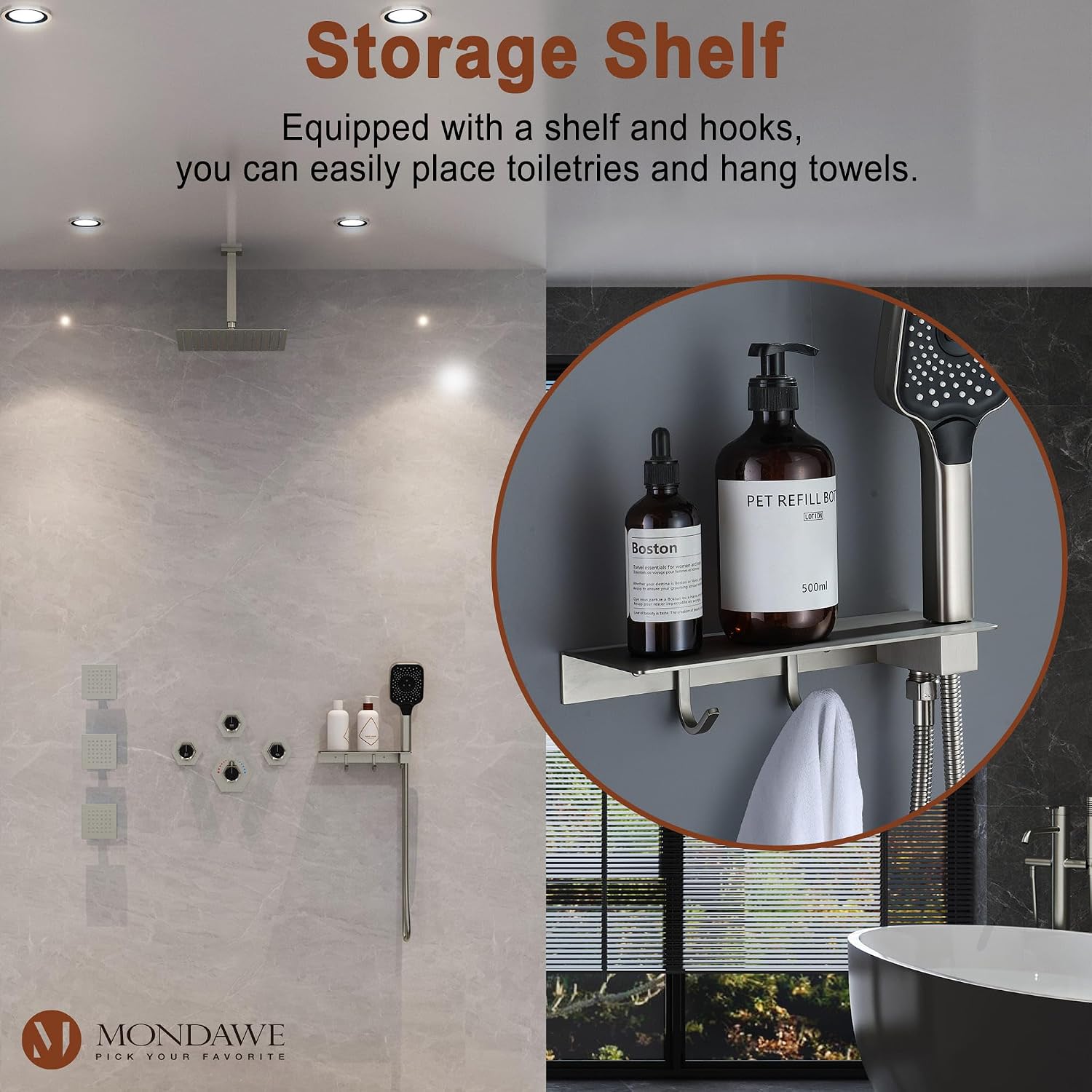 MONDAWE Shower System with Body Jets, 12 Inch Thermostatic Rain Shower System Ceiling Mount, Full Body Spray Shower Jets System with a Shelf, Towel Hooks - Brushed Nickel