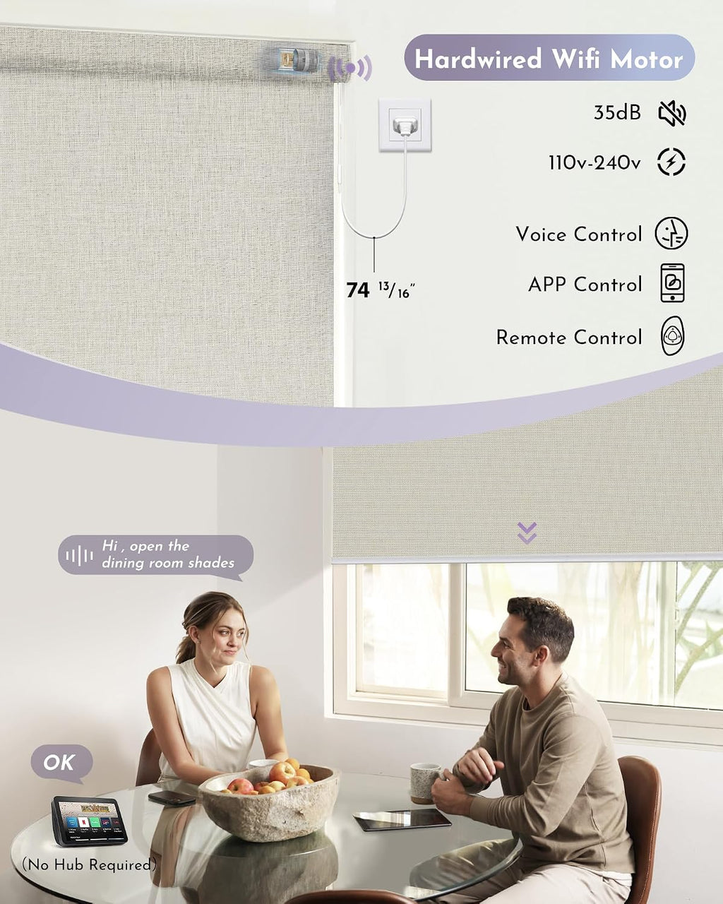 Graywind Smart Blackout Roller Shades Work with Alexa Google WiFi Hardwired Triple Weaved Fabric Motorized Blinds Remote Window Shades, Custom Size (Beige White)