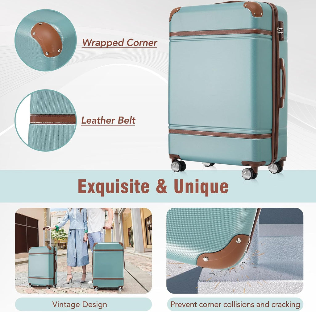 Merax Luggage Set 3 Piece Suitcase Set with 1 Cosmetic Case Expandable Spinner Wheels Vintage Luggage Sets(Blue Green,20'+24'+28')