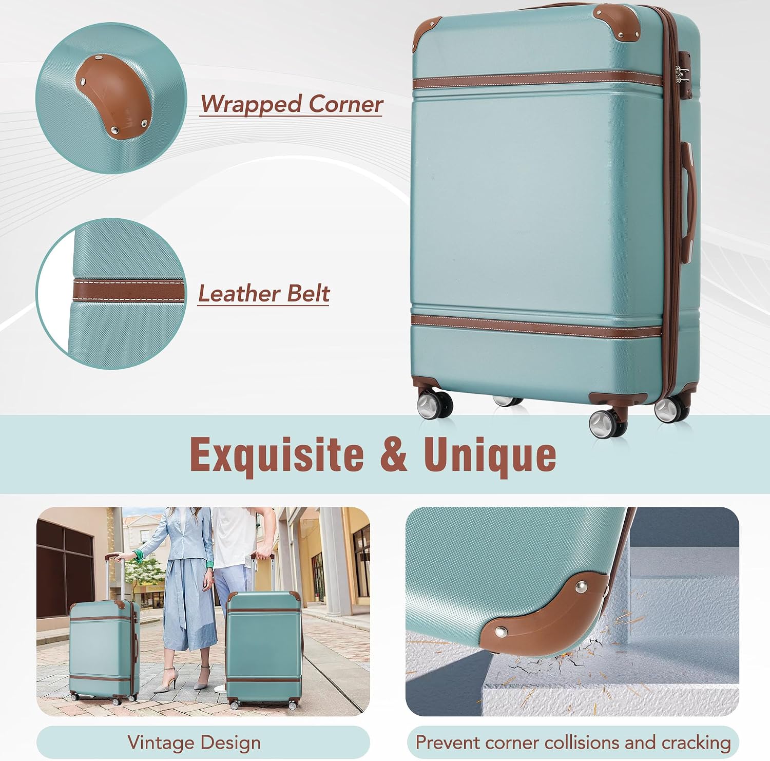 Merax Luggage Set 3 Piece Suitcase Set with 1 Cosmetic Case Expandable Spinner Wheels Vintage Luggage Sets(Blue Green,20'+24'+28')