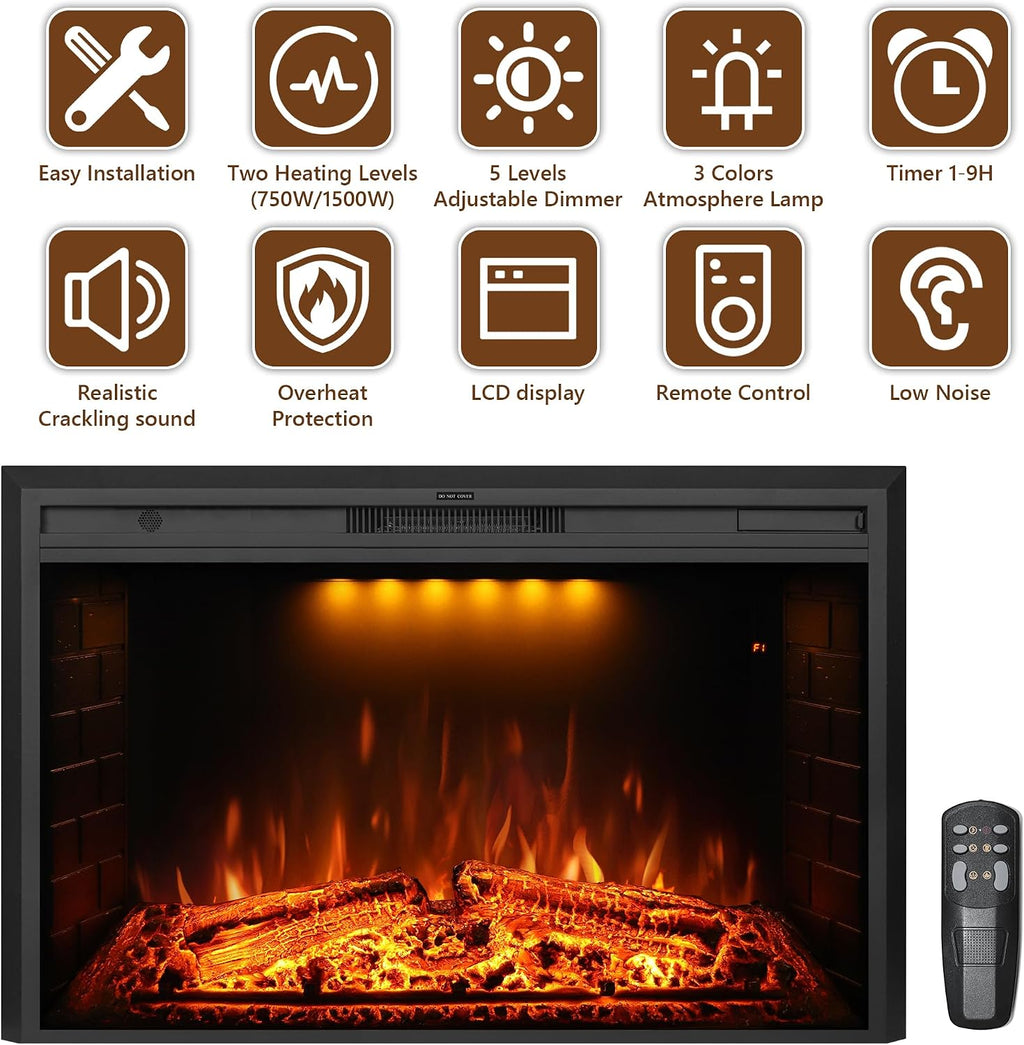 43 inch Electric Fireplace, Wall Fireplace Electric with Remote Control, Realistic Log and Crackling Sound, Overheating Protection and Timer, 750/1500W Black