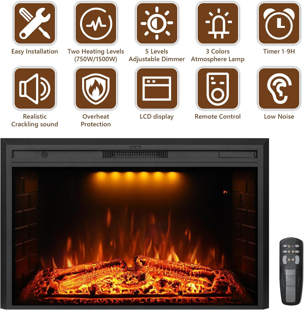 50 inch Electric Fireplace, Wall Fireplace Electric with Remote Control, Realistic Log and Crackling Sound, Overheating Protection and Timer, 750/1500W Black