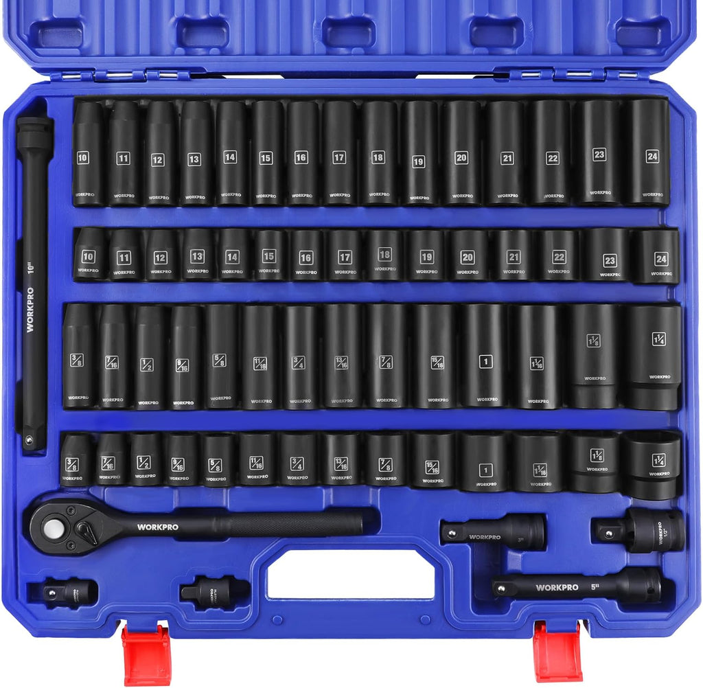 WORKPRO 1/2' Drive Impact Socket Set, 65PCS SAE(3/8'-1-1/4') and Metric(10-24mm) Deep & Shallow Kit, Ratchet Handle, Extension Bar, Impact Universal Joint and Adapters for Automotive Repair