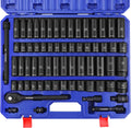 WORKPRO 1/2' Drive Impact Socket Set, 65PCS SAE(3/8'-1-1/4') and Metric(10-24mm) Deep & Shallow Kit, Ratchet Handle, Extension Bar, Impact Universal Joint and Adapters for Automotive Repair