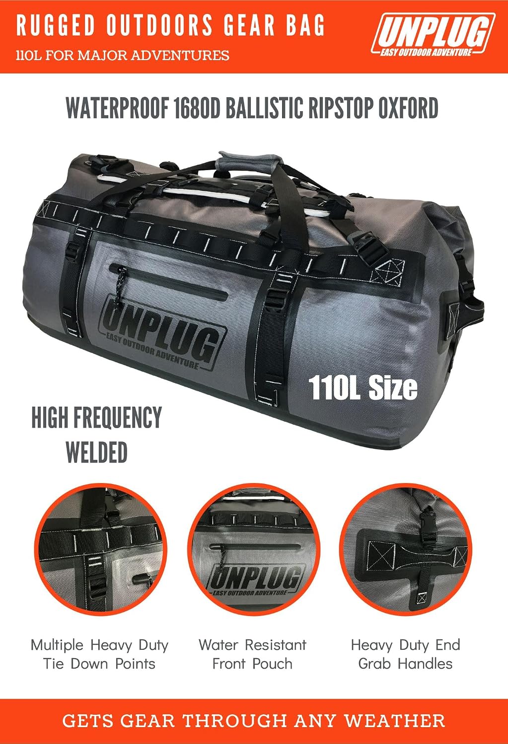 UNPLUG Ultimate Adventure | 1680D Heavy Duty Waterproof Bag | Large Travel Bag which can be Used for Camping, Motorcycling, Boating, or Hunting|110L Storm Grey