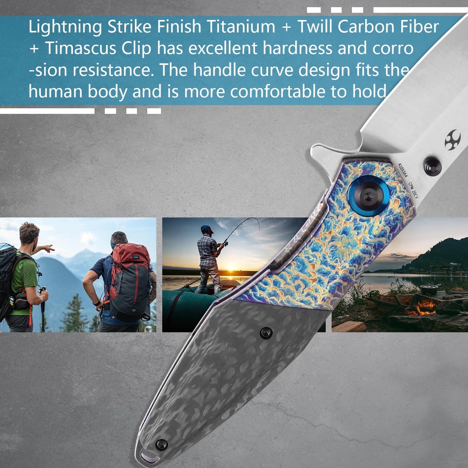 KANSEPT Mistaken Folding Knives for Men EDC Camping Hiking Folding Knife for Men Women 3.58''CPM 20CV Blade with Lightning Strike Finish Titanium Twill Carbon Fiber Timascus Clip Handle EDC K1053A4