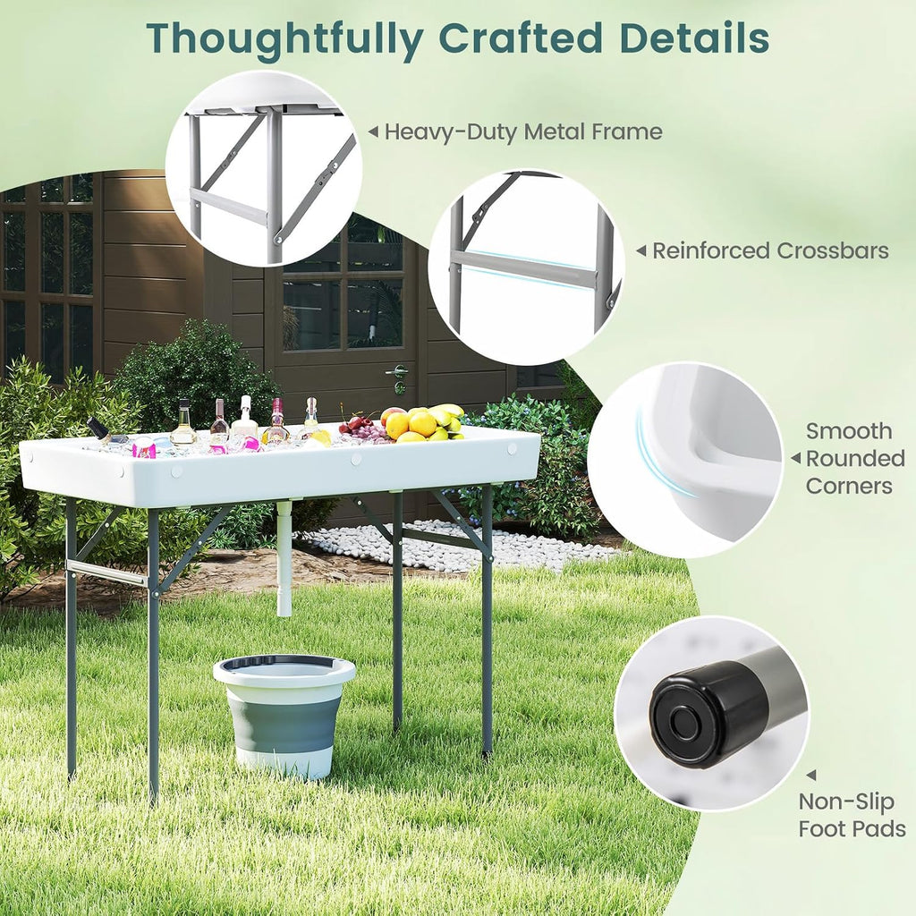4 Foot Folding Ice Cooler Table, Portable Ice Tables for Parties with Drain, Detachable Matching Skirt & Foldable Bucket, Fill and Chill Table for Party, Picnic, Camping, Wedding, White