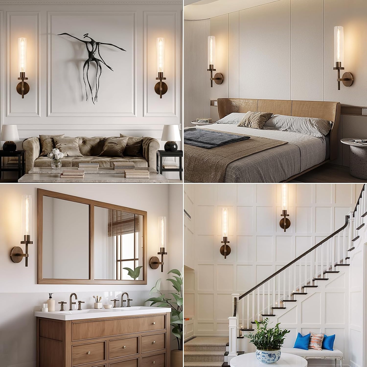 19.5' Knurled Brass Wall Sconce with Clear Glass Tube, Bronze Bathroom Vanity Light Fixtures, Modern Lamp Lighting for Bedroom, Living Room, Hallway, Staircase, Mirror, Kitchen
