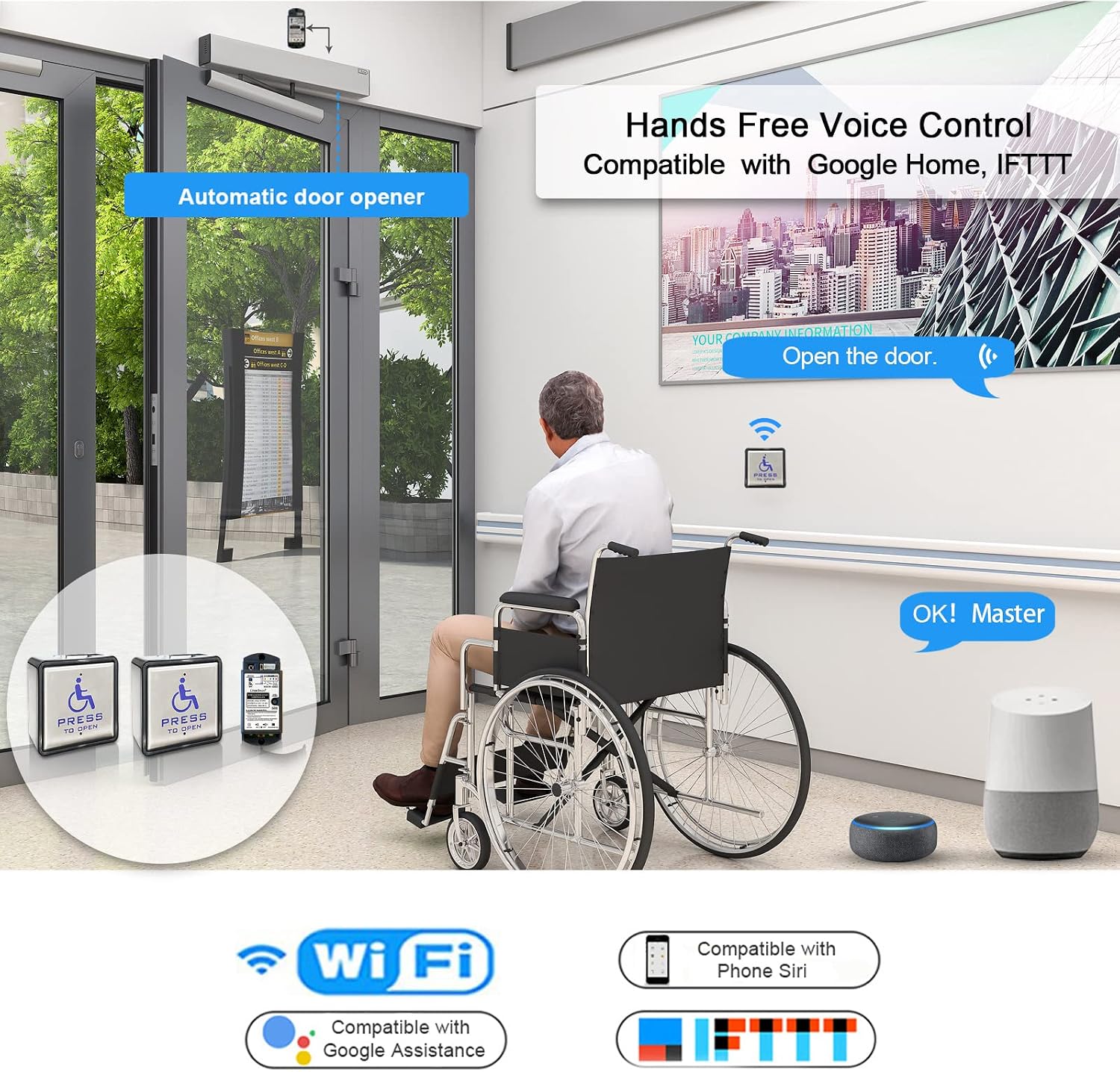 Olideauto Swing Door Operator Automatic for the Disabled,Commercial Smart WiFi Handicap Door Opener Wireless Olide-120B with Wireless Handicap Push Button&Receiver and DC12V 880lbs Electric Strike