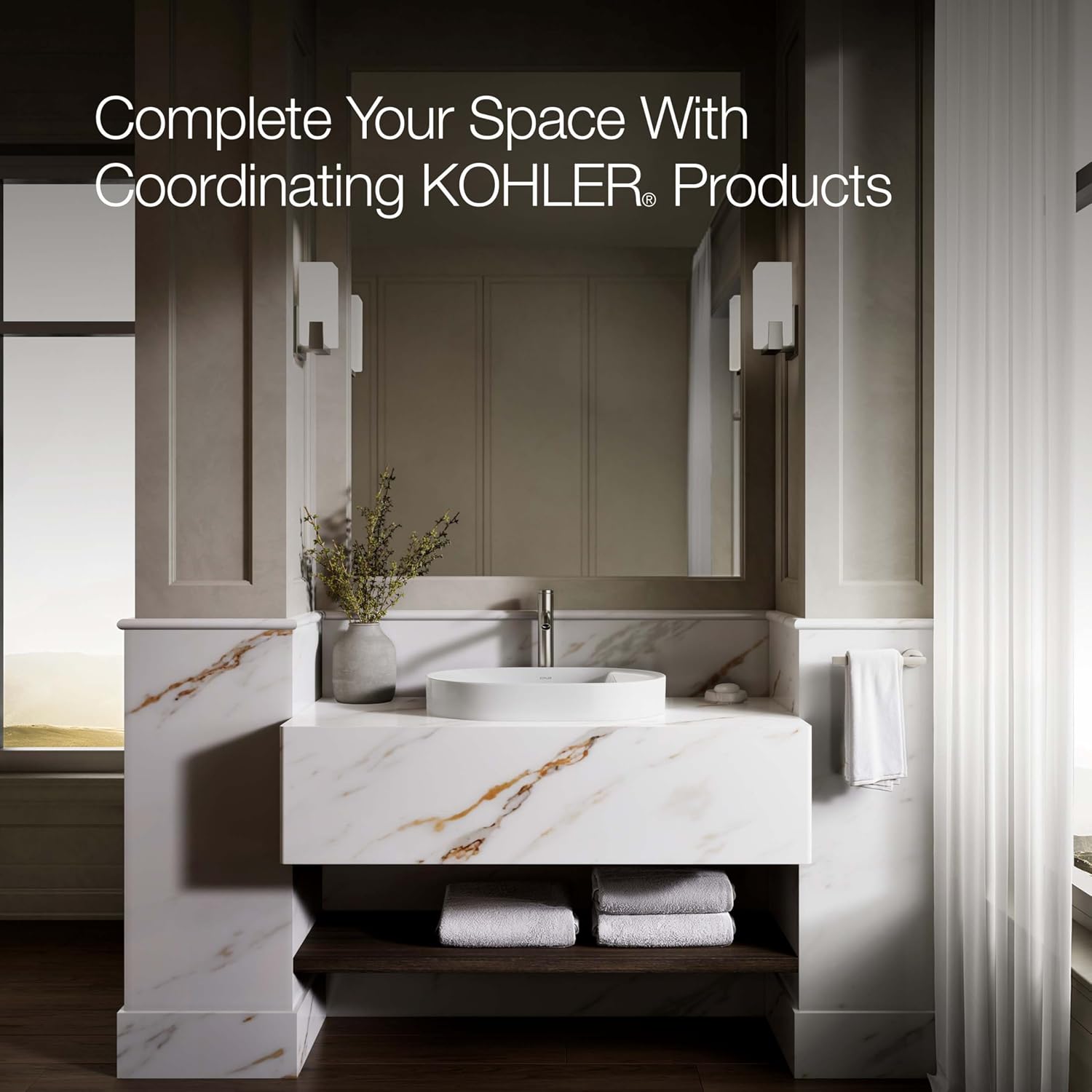 KOHLER 31703-0 Chalice 22-3/4' Oval Vessel Bathroom Sink Bowl with Storage Deck, Above Counter Vanity Sink Basin, with Overflow, No Faucet Holes, White