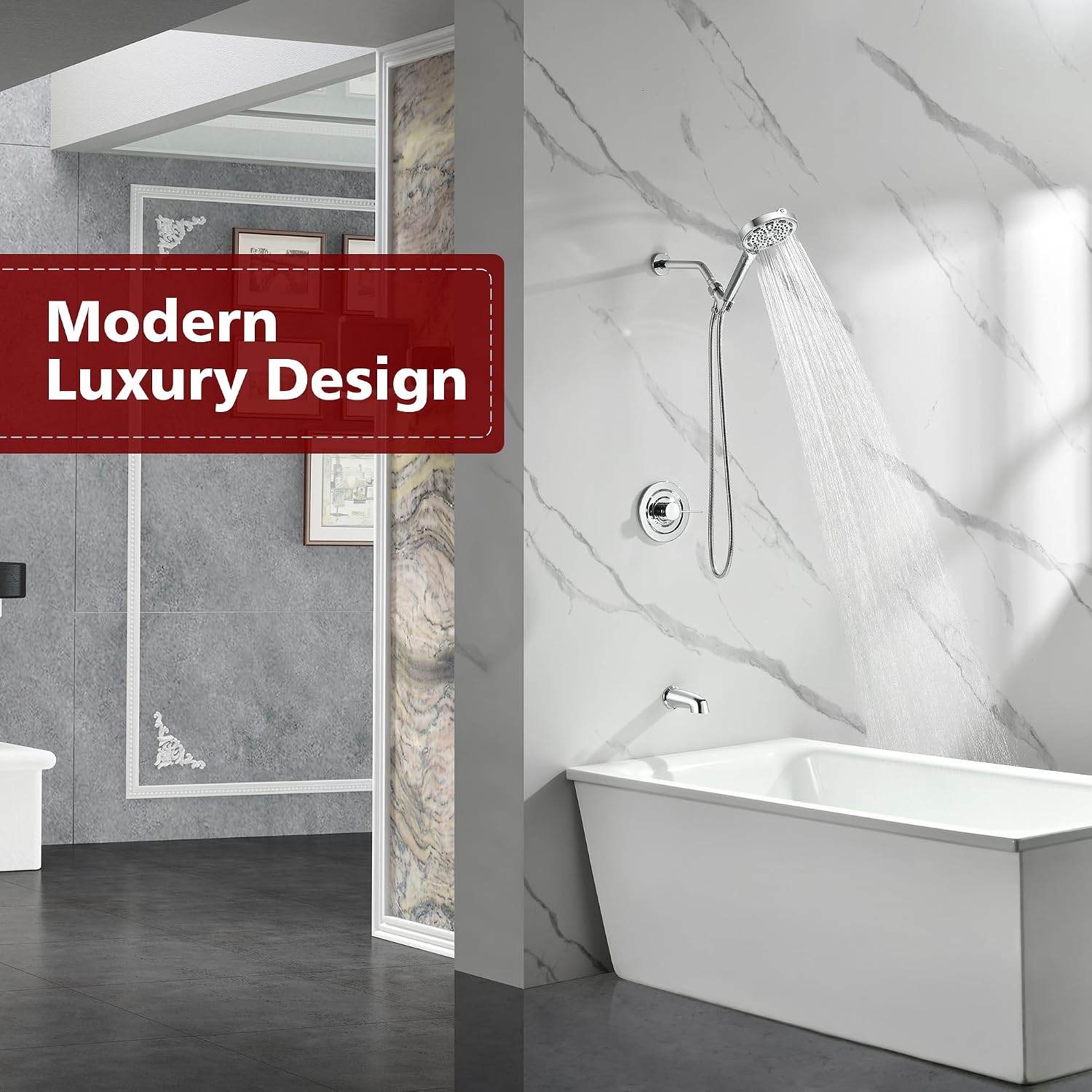 SUMERAIN Modern Shower System with 6-Spray Handheld Filtered Shower Head, Chrome Shower Faucet with Tub Spout, High Flow