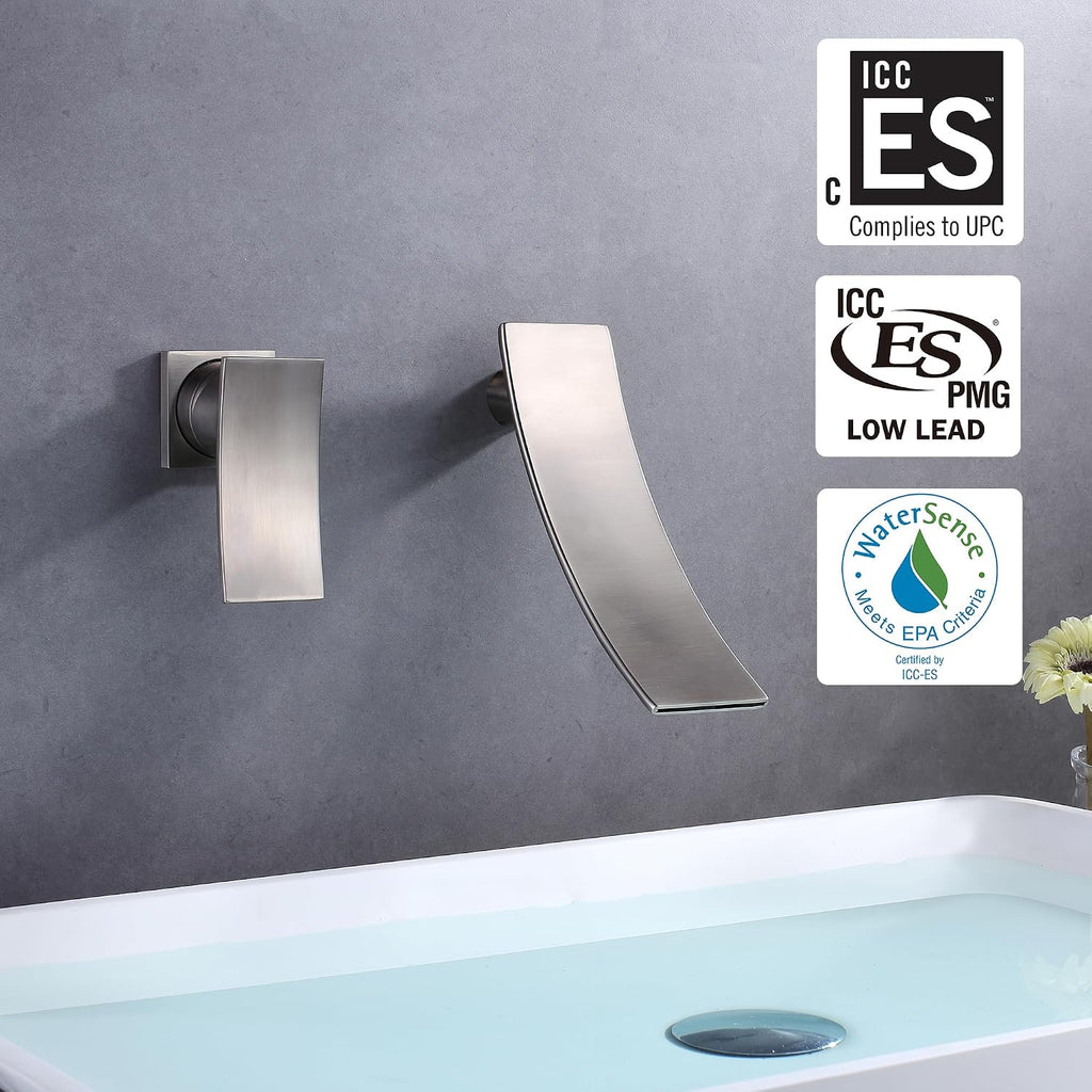 SUMERAIN Wall Mount Brushed Nickel Waterfall Bathroom Faucet | Left-Handed Design, Lavatory Faucet, for Basin, Single Handle, Valve Included