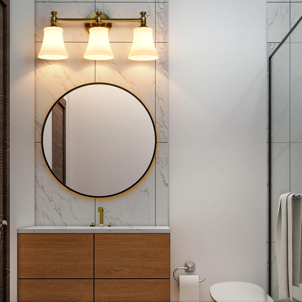 Champagne Bronze Bathroom Vanity Light Fixtures, Traditional Gold 3 Lights Wall Sconce Lighting with Large Opal Glass Shade, Porch Wall Mount Light Fixture for Bathroom, Mirror Cabinets Hallway Stairs