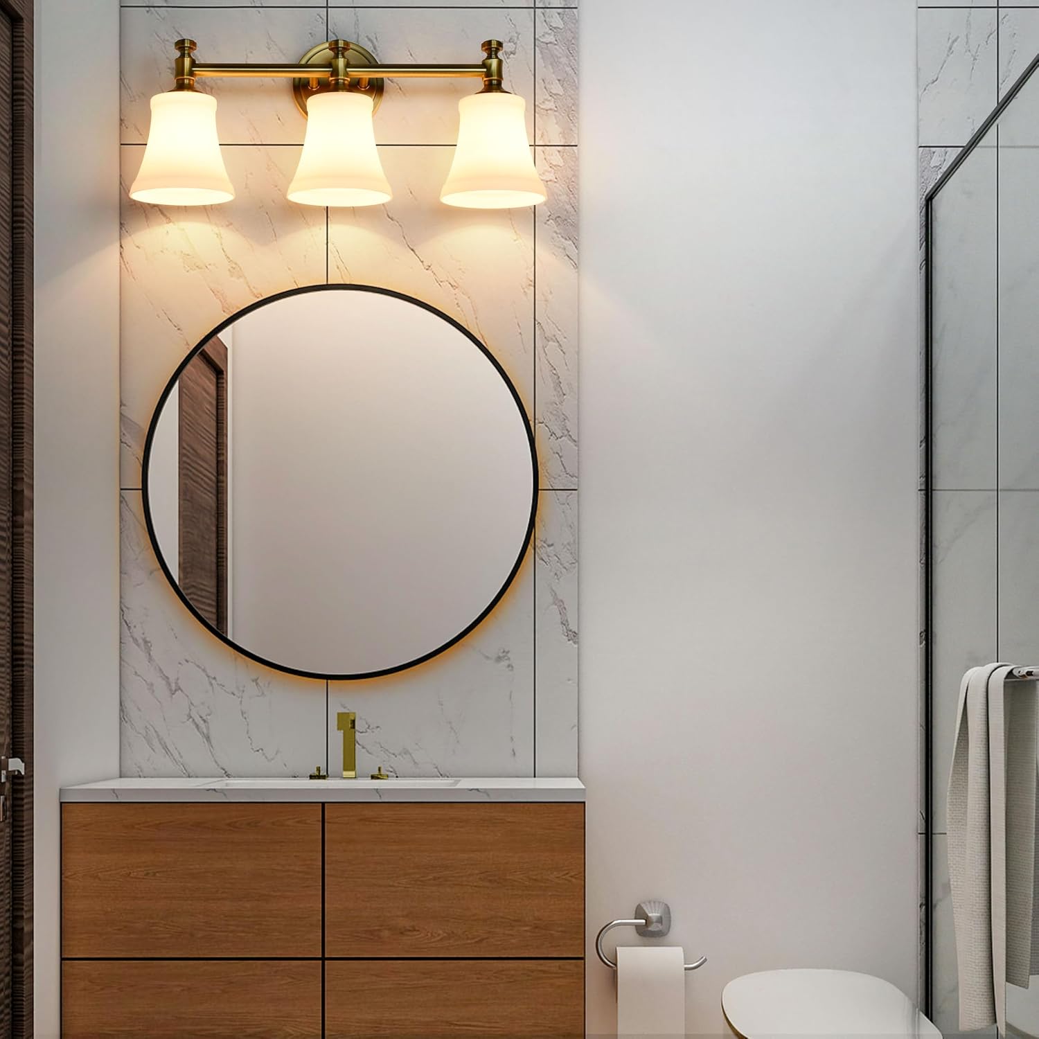 Champagne Bronze Bathroom Vanity Light Fixtures, Traditional Gold 3 Lights Wall Sconce Lighting with Large Opal Glass Shade, Porch Wall Mount Light Fixture for Bathroom, Mirror Cabinets Hallway Stairs