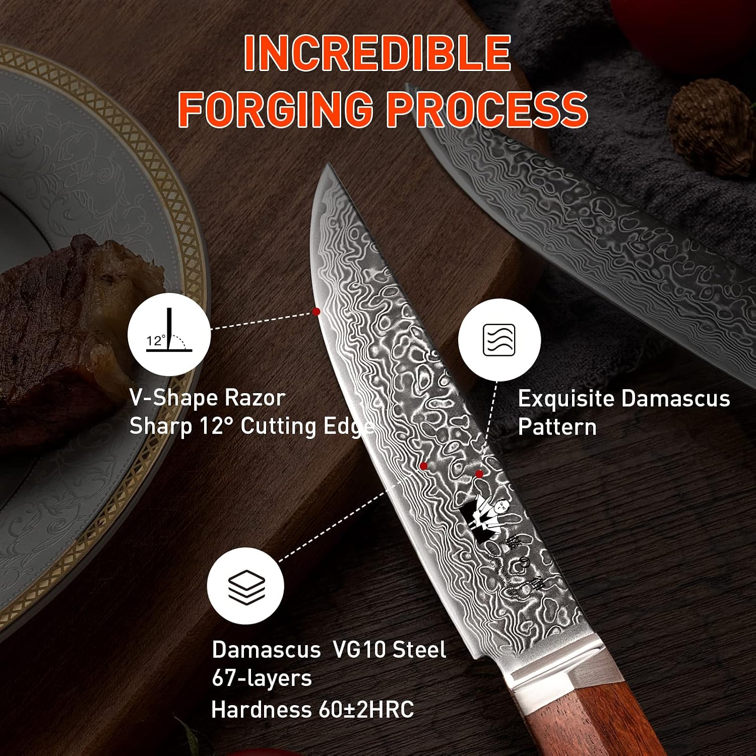 Steak Knives Set of 4 with In-Drawer Knife Block, 5 inch Damascus Steak Knife Set VG-10 Damascus Super Steel 67-Layer Non Serrated Steak Knives with Natural Wood Handle, Gift Box