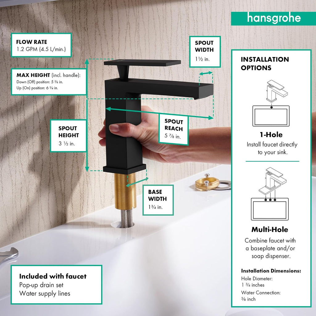 hansgrohe Tecturis E -Handle -Hole 5-inch Tall Bathroom Sink Faucet in Matte Black, 73002671