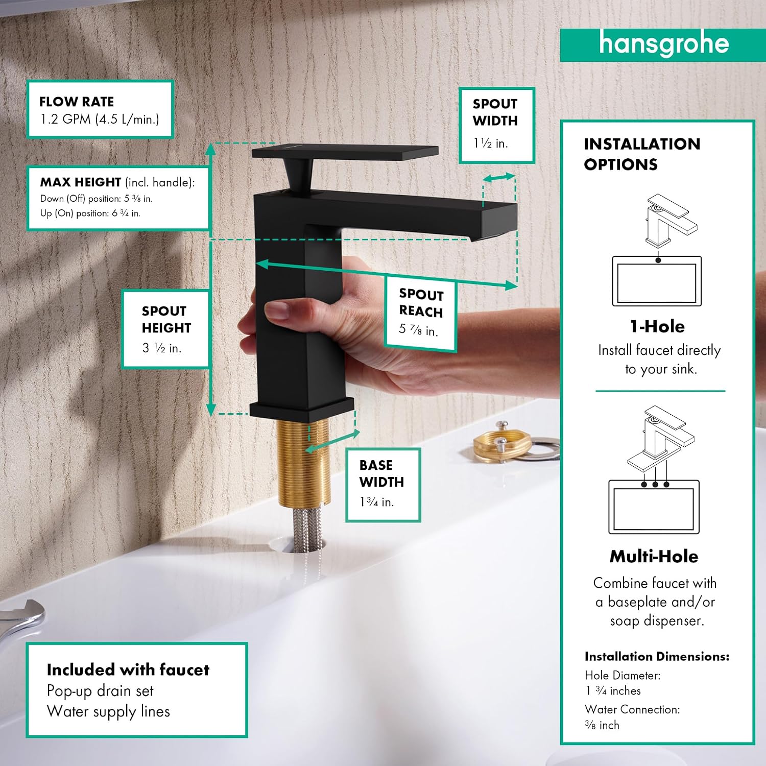 hansgrohe Tecturis E -Handle -Hole 5-inch Tall Bathroom Sink Faucet in Matte Black, 73002671