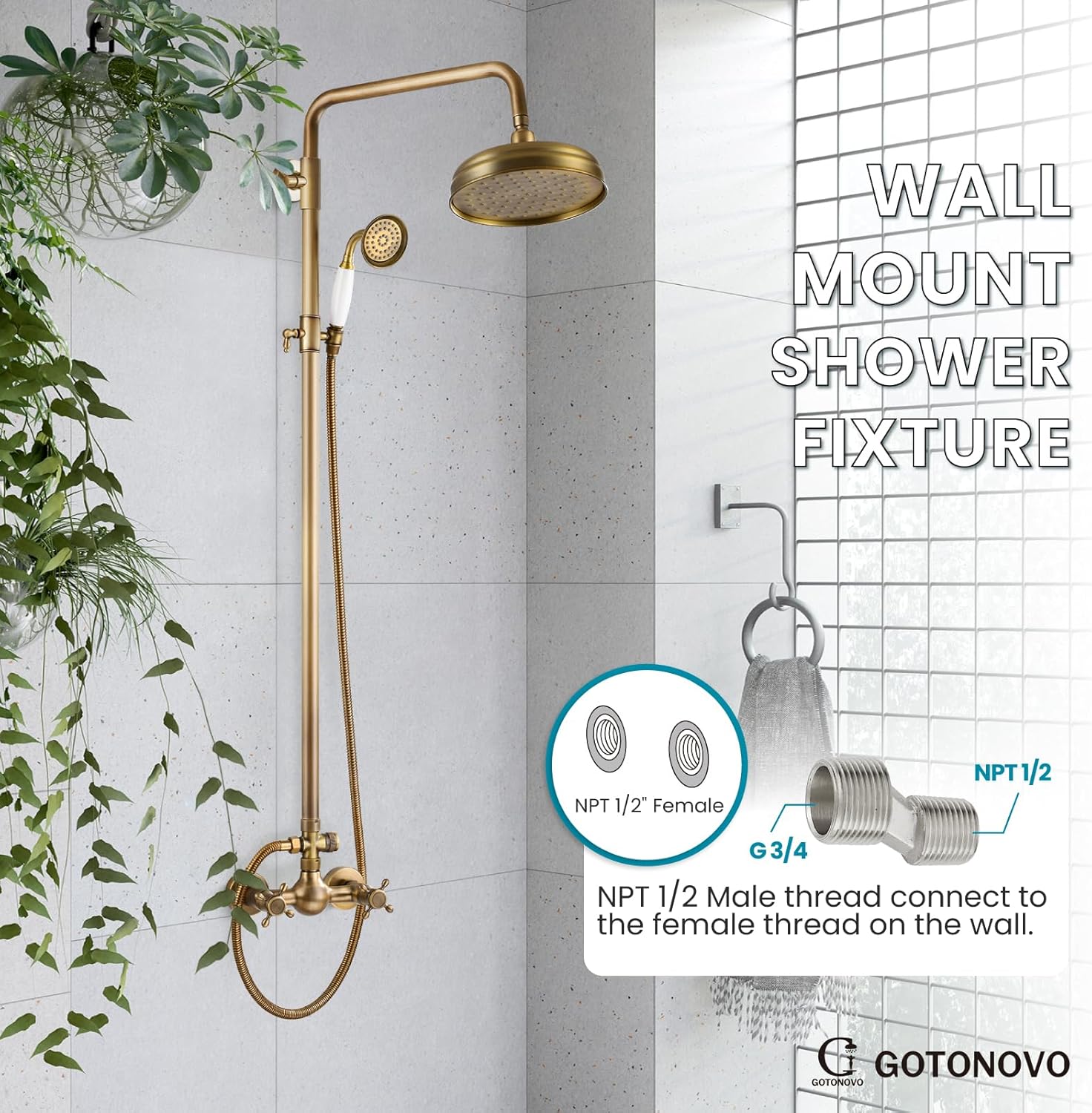 gotonovo Luxury Exposed Shower Faucet Set Bathroom Shower System 8 Inch Wall Mount Rainfall Shower Head with Handheld Spray Cross Double Handle Shower Fixture Adjustable Straight Rod Antique brass