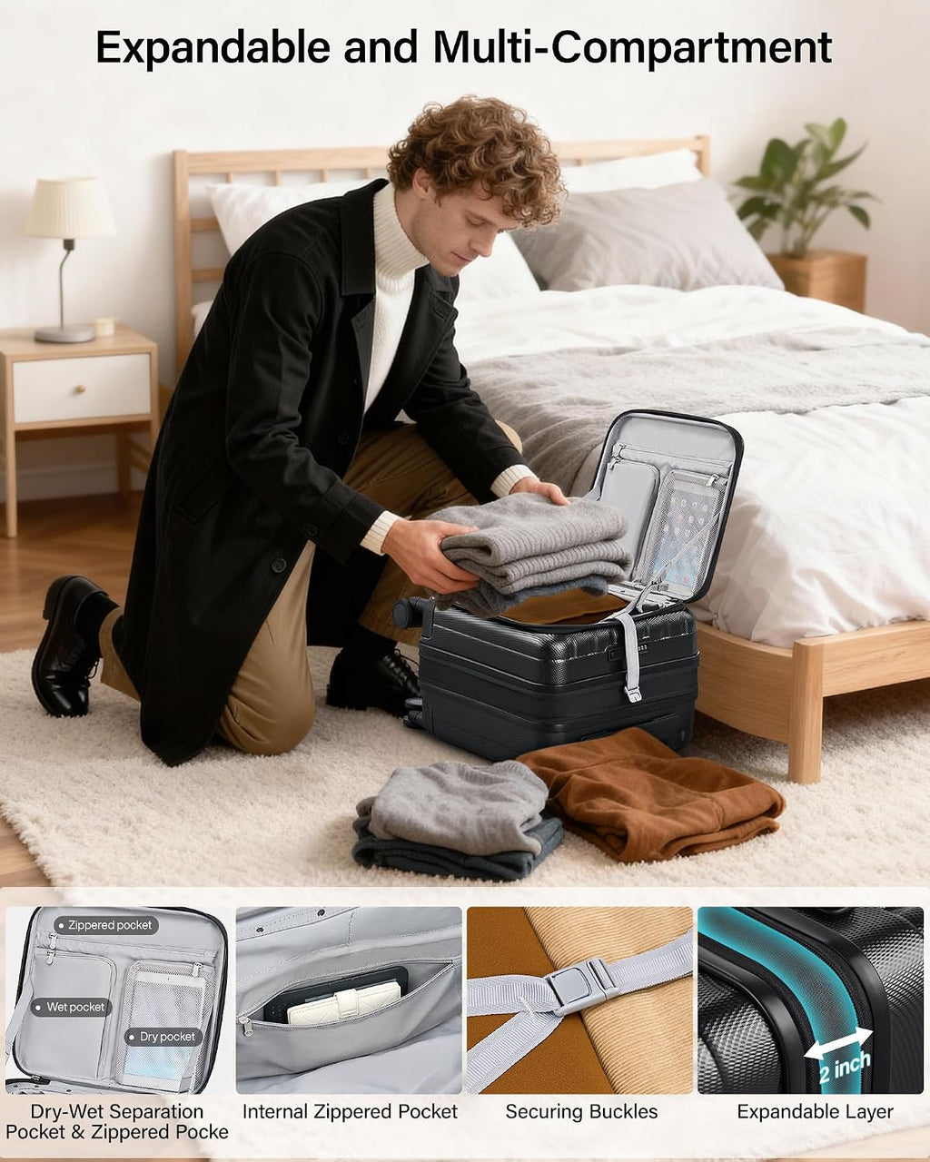 Hanke Top Opening Carry-On - Expandable 16 Inch Airline Approved Spinner | Easy-access top opening,360° spinner wheels,lightweight expandable hardshell, fits overhead bins,for overnight business trips