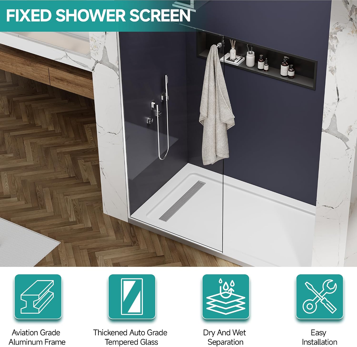 36' W x 76' H Fixed Shower Glass Panel, 3/8' w/Coat Hook, Brushed Nickel | Fixed Shower Door Screen; Coat Hook; SGCC Tempered Glass; Easy Clean Coating