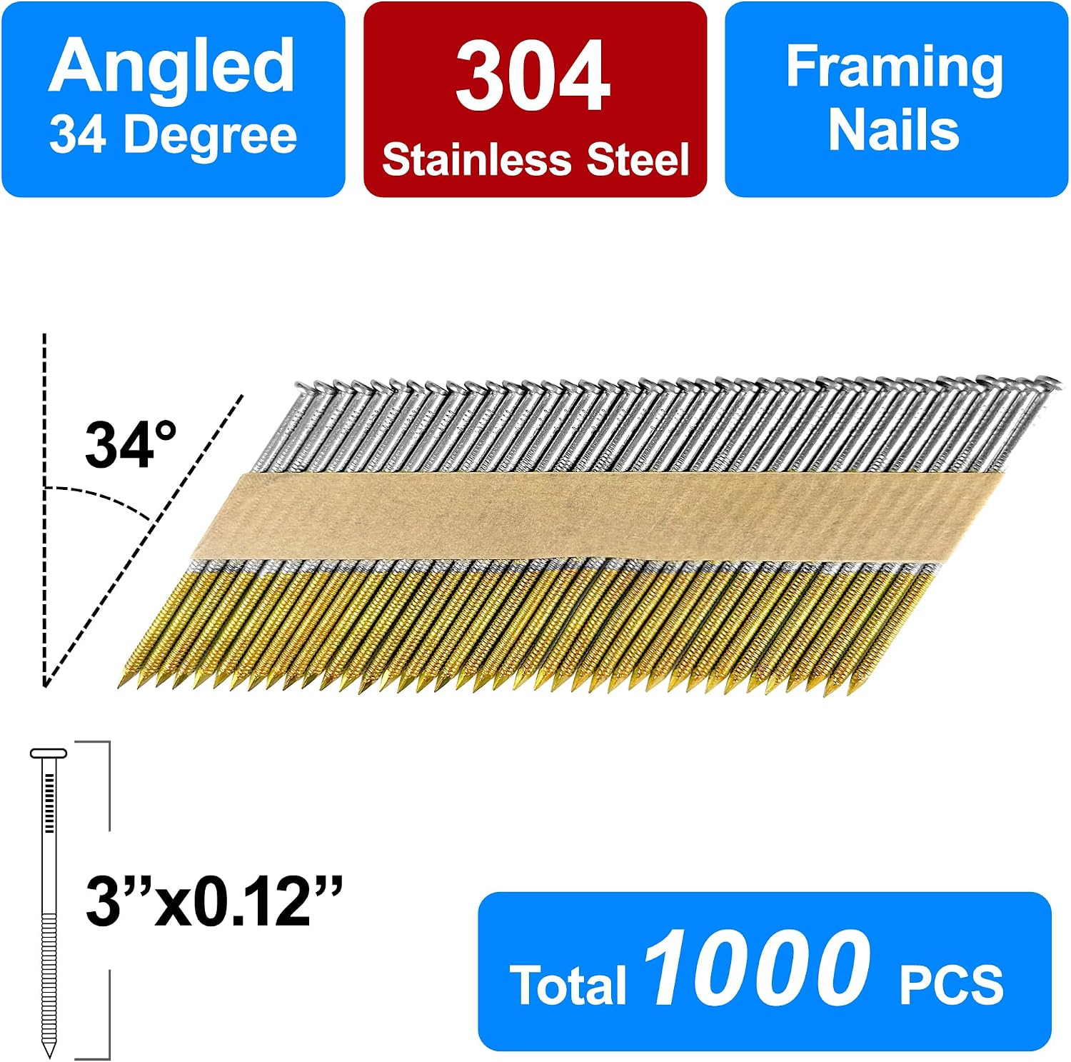 34-30 Degree Framing Nails 304 Stainless Steel D Head 3' Ring Shank Paper Tape Strip Nails 1000 PCS for 30 to 34 Degree Framing Nailer