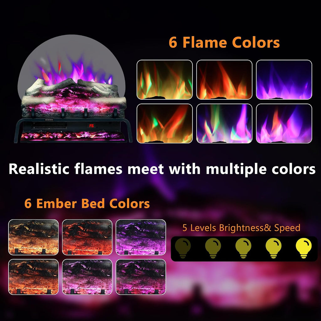 25' Electric Fireplace Log Heater, Freestanding Electric Fireplace Insert Log Set with Remote & App Control, Adjustable Flame Color& Dimer& Speed,Thermostat& Timer,750W/1500W, Black