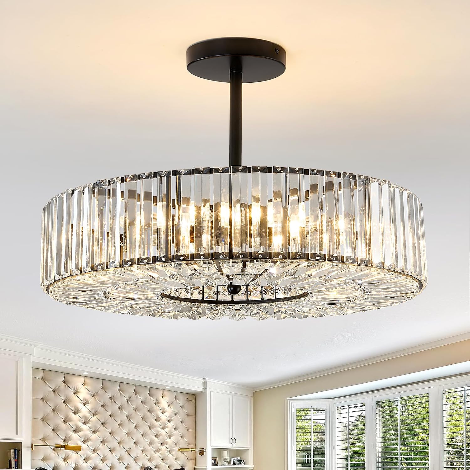Piepooye 8 Lights Modern Large Crystal Chandelier Black Round Semi Flush Mount Ceiling Light Fixture Farmhouse Chandelier for Dinning Room Living Room Bedroom Hallway Entryway Kitchen