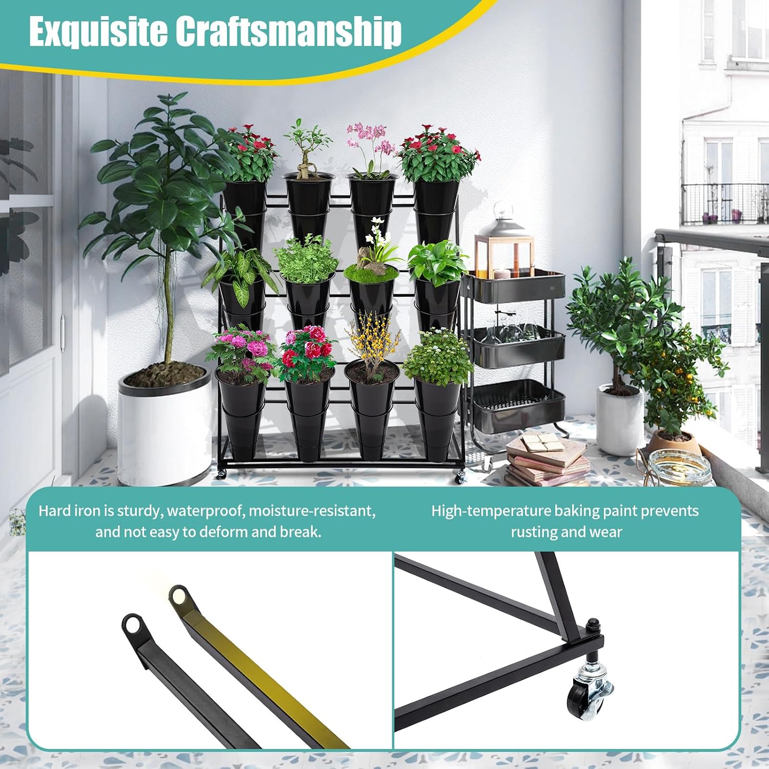 Flower Display Stand with 12 Black Round Buckets, 3 Layers Black Metal Plant Stand with Wheels, Moving Florist Bouquet Shelf for Fresh Flowers Shop Patio Garden Outdoor Flower Pop-Up Events