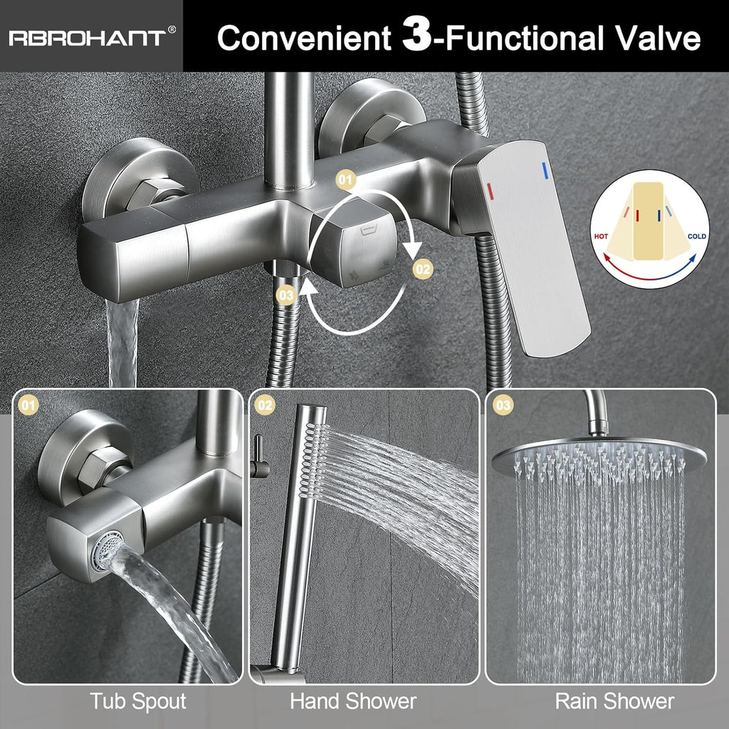 RBROHANT Exposed Shower System with Tub Spout, Brushed Nickel Exposed Pipe Shower Faucet with 3 Functions Brass Shower Valve, Shower Height Adjustable, Wall Mounted