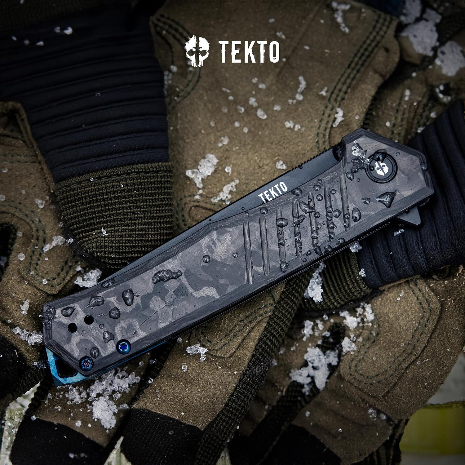 TEKTO F1 Alpha Folding Pocket Knife - Modified Straight Back Blade, Titanium Coated D2 Steel, Tactical Knife, EDC Folding Pocket Knives for Camping, Hunting & Backpacking - Forged Carbon, Blue Accents