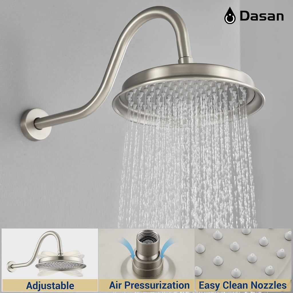 DASAN Brushed Nickel Shower System with Tub Spout, Tub and Shower Faucet Combo Set with Valve & Trim Kit Bathtub Shower Faucet Set Bathtub Shower System with Rainfall Shower Head & Handheld, AT309W-BN
