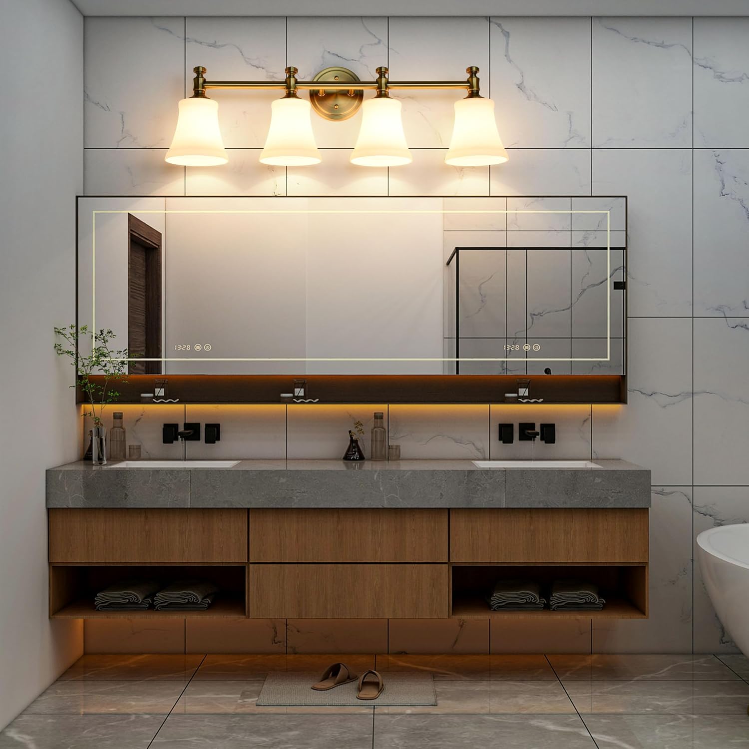 Champagne Bronze Bathroom Vanity Light Fixtures, Traditional Gold 4 Lights Wall Sconce Lighting with Large Opal Glass Shade, Porch Wall Mount Light Fixture for Bathroom, Mirror Cabinets Hallway Stairs