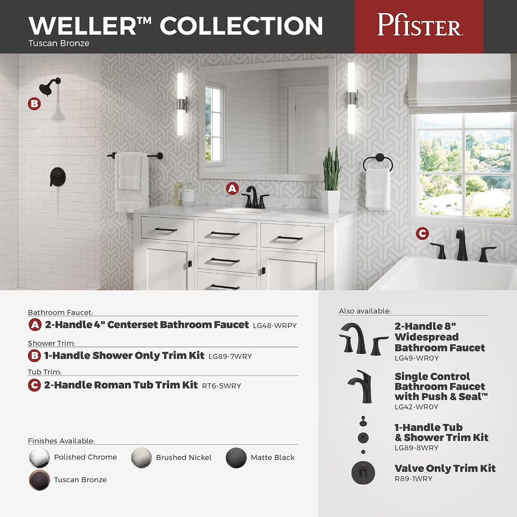 Pfister Weller Single Handle Bathroom Sink Faucet with Single Hole or 3-Hole Mount, Tuscan Bronze Finish, Push & Seal Drain, Water-Efficient WaterSense Certified, LG42WR0Y
