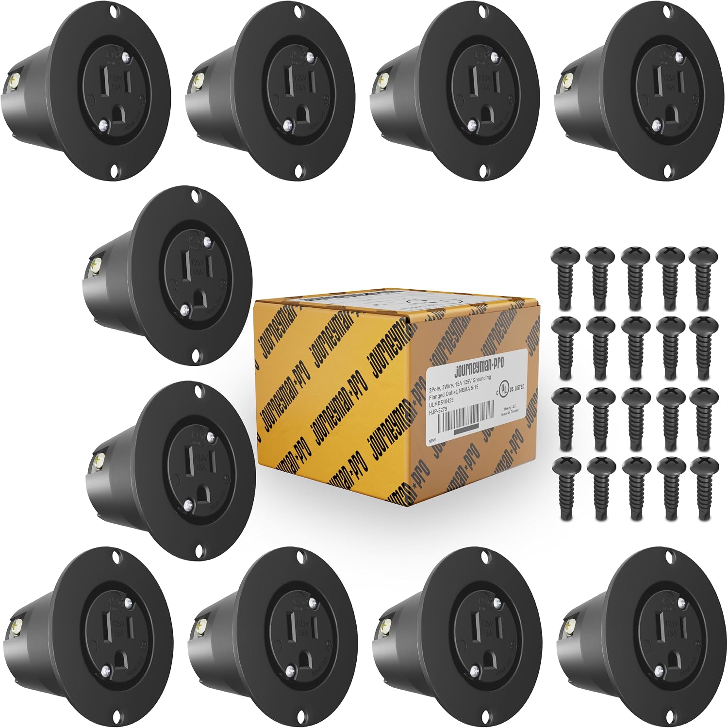 Journeyman-Pro 5279 15 Amp 120-125 Volt, NEMA 5-15 Flanged Outlet, Black Commercial Grade, 2 Pole-3 Wire, Straight Blade Plug Outdoor Receptacle and Surface Mount Outlet (No Cover/Cap, 10-Pack)