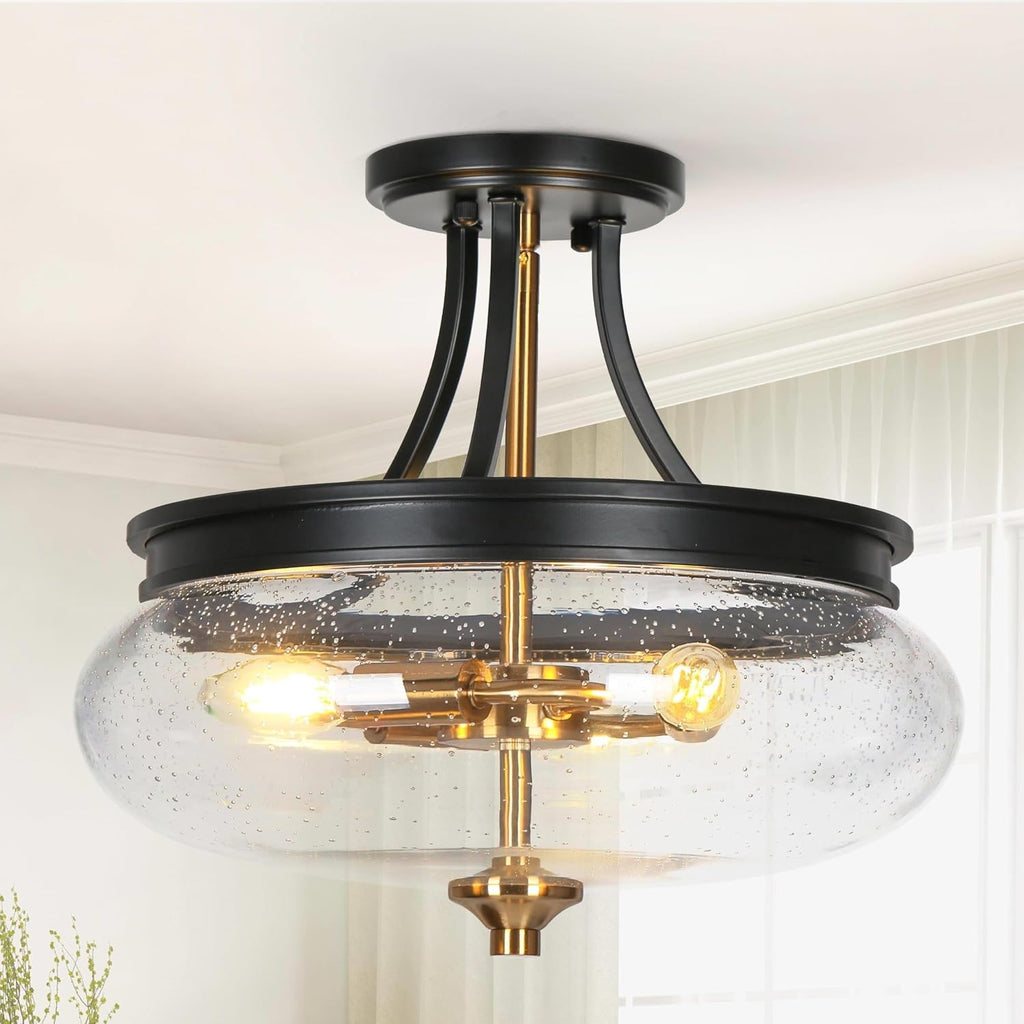 classy leaves Semi Flush Mount Ceiling Light, Black Gold Close to Ceiling Light Fixture 3 Light Modern Farmhouse Ceiling Light with Seeded Glass for Kitchen Bedroom Hallway Entryway