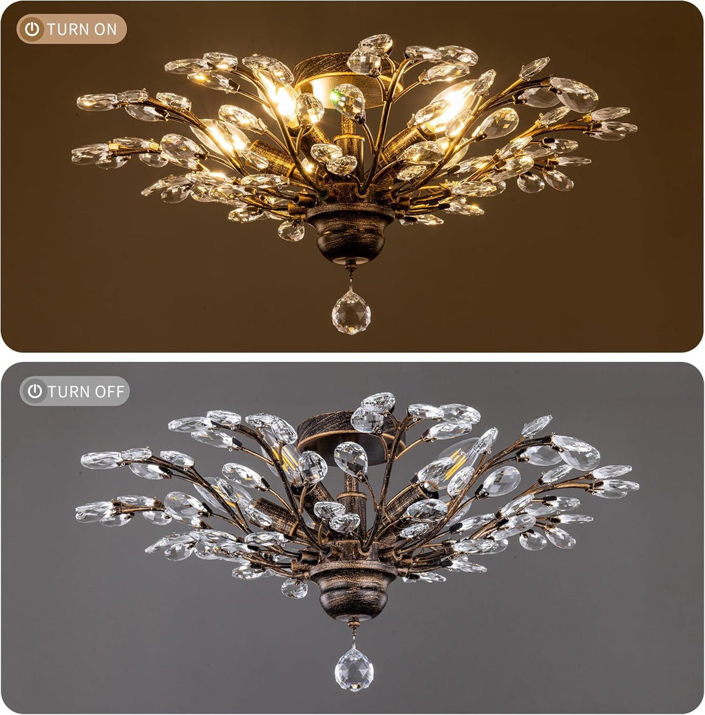 Wellmet Vintage Crystal Ceiling Light Fixture, 5 Lights Bronze Semi Flush Mount Ceiling Light Fixture, Modern Farmhouse Chandelier for Dining Room, Bedroom, Bathroom, Entryway, Hallway, W-24in