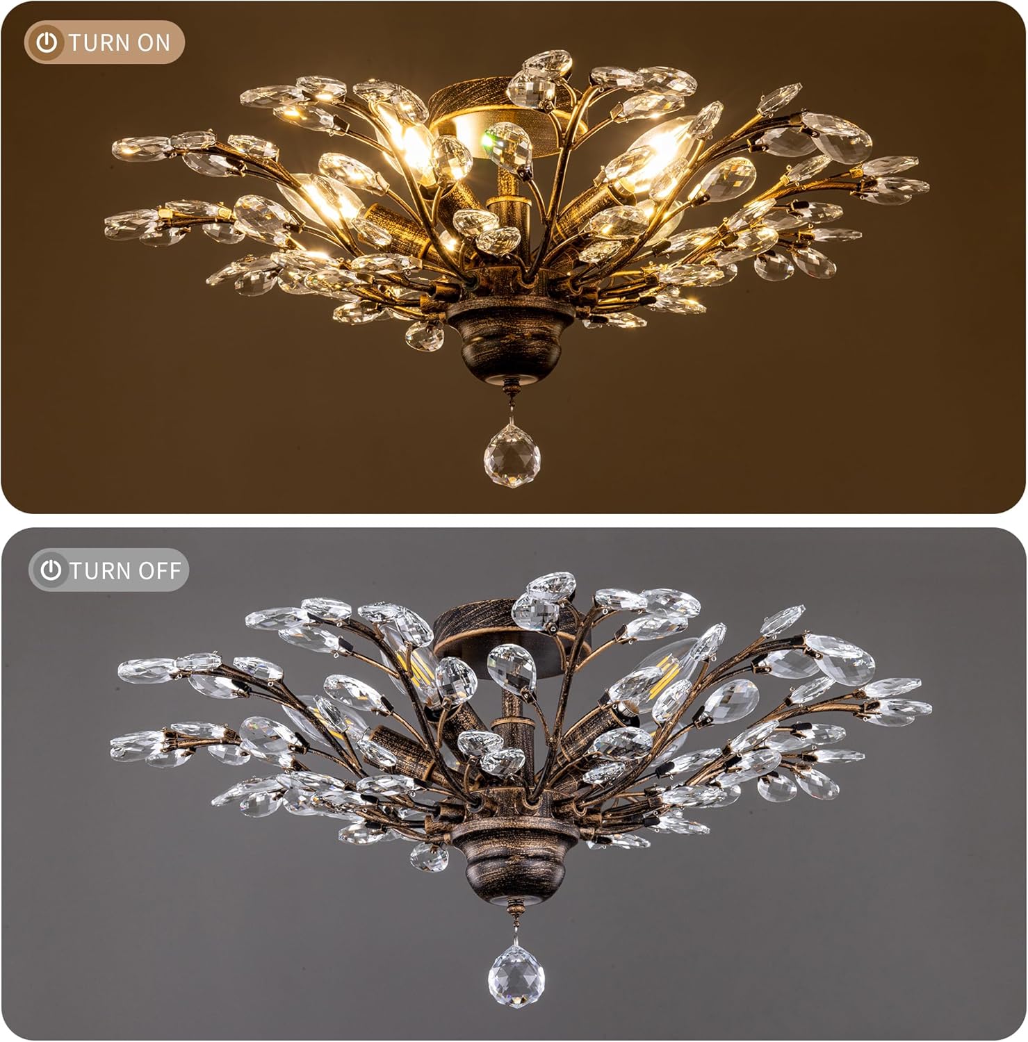 Wellmet Vintage Crystal Ceiling Light Fixture, 5 Lights Bronze Semi Flush Mount Ceiling Light Fixture, Modern Farmhouse Chandelier for Dining Room, Bedroom, Bathroom, Entryway, Hallway, W-24in