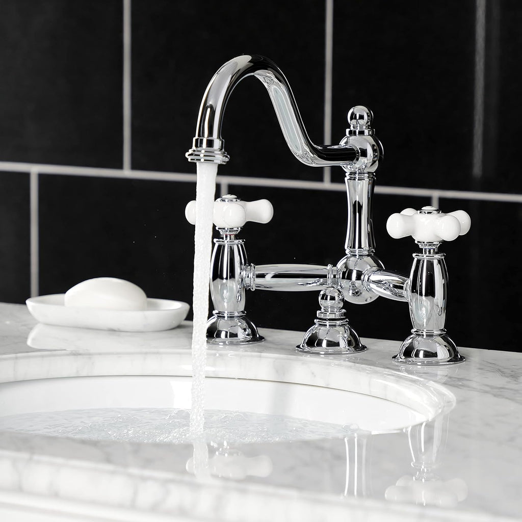 Kingston Brass KS3911PX Restoration Widespread Lavatory Faucet with Porcelain Cross Handle, Polished Chrome