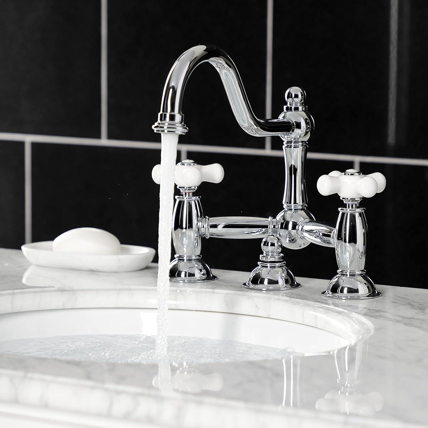 Kingston Brass KS3911PX Restoration Widespread Lavatory Faucet with Porcelain Cross Handle, Polished Chrome