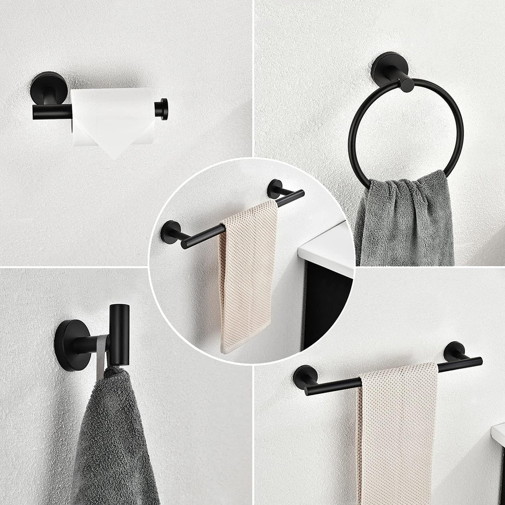 6-Pieces Bathroom Hardware Set SUS304 Stainless Steel Round Wall Mounted Includes Hand Towel Bar,Toilet Paper Holder,Robe Towel Hooks,Bathroom Accessories Kit On-Site (Matte Black)