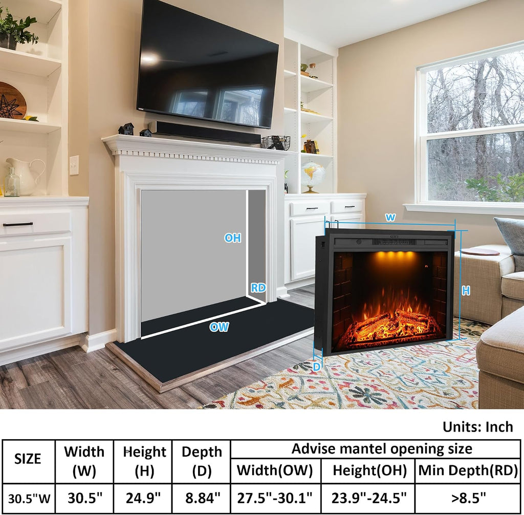 30 inch Electric Fireplace, Wall Fireplace Electric with Remote Control, Realistic Log and Crackling Sound, Overheating Protection and Timer, 750/1500W Black